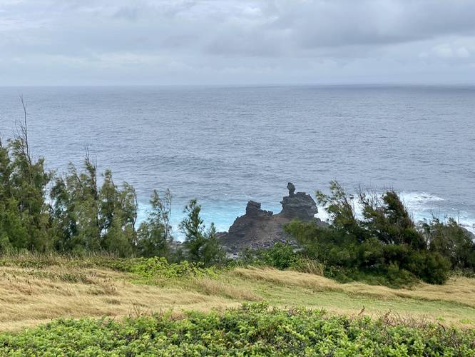 Jagged rocks stick up along Maui's northern coastline from the Mokolea Point Trail