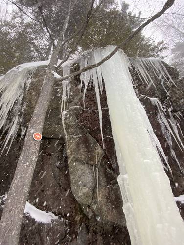 Orange blaze, frozen ice on Mount Jo Short trail