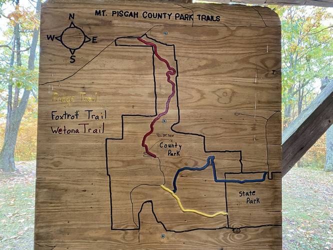 Mount Pisgah County Park wooden trail map