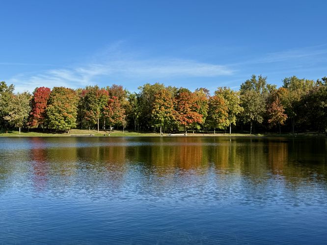 View of Beaver Lake (Lac aux Castors) with foliage