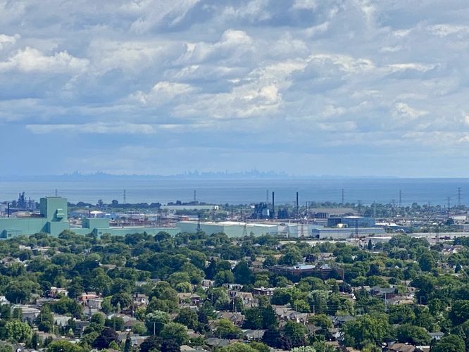 View of Toronto on the horizon of Lake Ontario from Mountain Brow Lookout