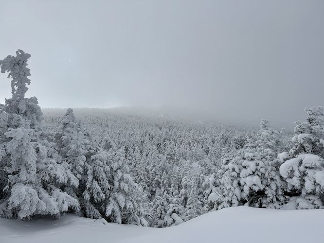 Looking up toward Mt Marcy in the clouds from below the summit