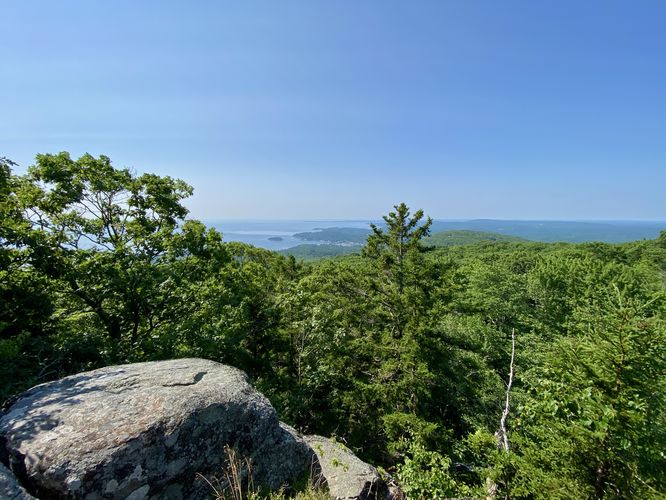 Wide angle view of Camden, Maine and its harbor from Mt. Megunticook