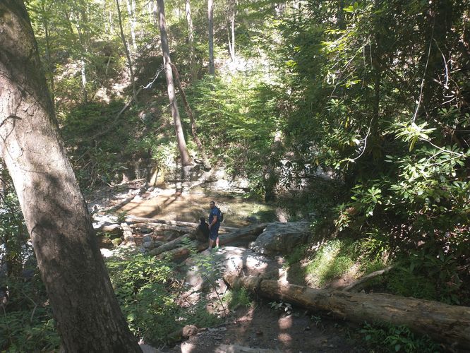 Hikers enjoying the pools created by the Dunnfield Creek Waterfalls 
