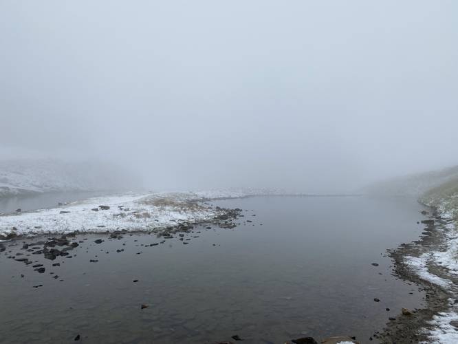View of Emerad Lake up-close (covered by fog)