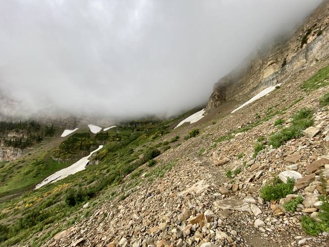 Hiking below Roberts Horn headwall with snowfields on Mt. Timpanogos
