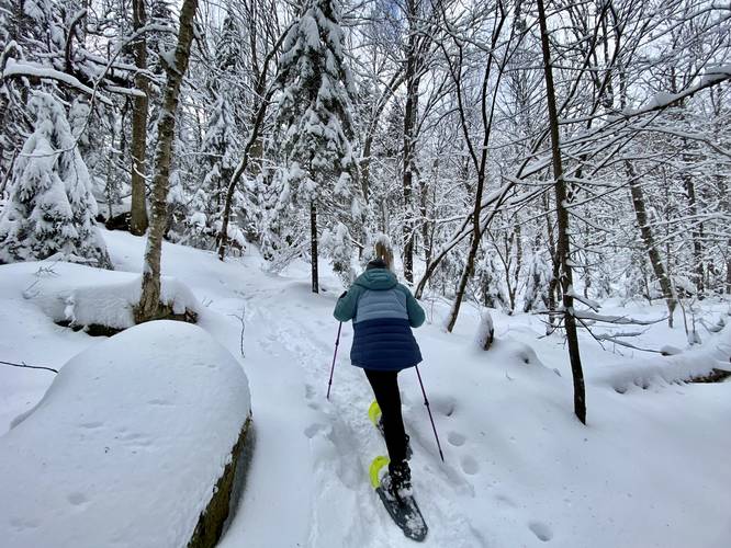 Nina snowshoeing up the Mt. Van Hoevenberg Trail