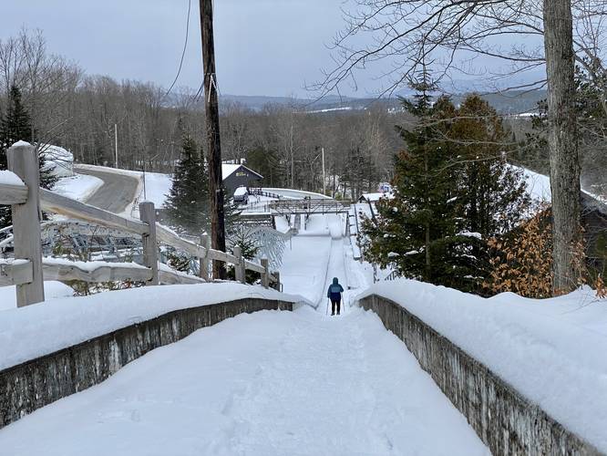 Snowshoeing down the abandoned bobsled run along the Mt. Van Hoevenberg Trail