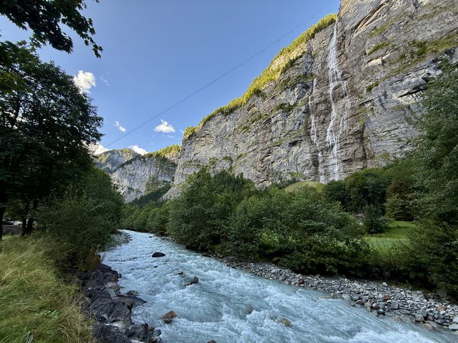 View of Murrenbach Falls and the Weisse Lütschine river