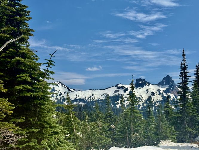 View of distant snow-capped mountains