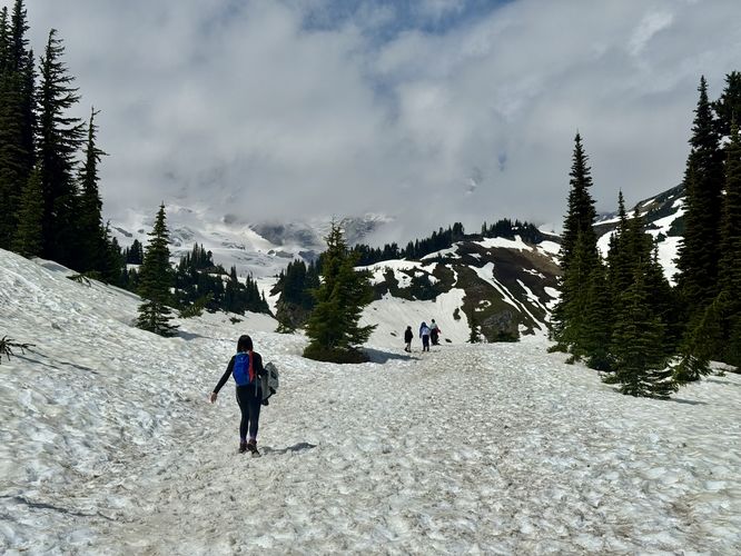 Hikers traverse deep snowpack on their way to Myrtle Falls