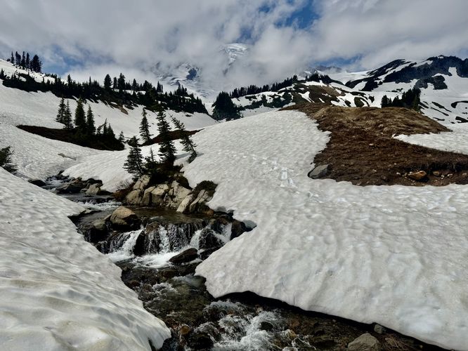 View of a small waterfall with Mt. Rainier in the background