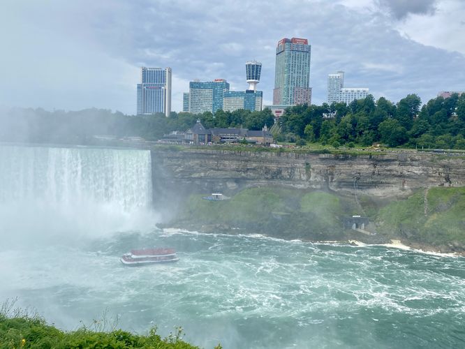 Boat sits at the bottom of Horseshoe Falls, view from Terrapin Point