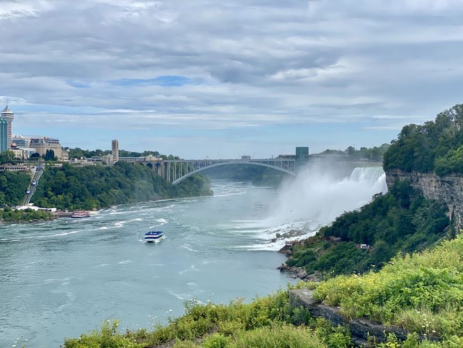 Downstream view of Niagara Gorge with American Falls (right)
