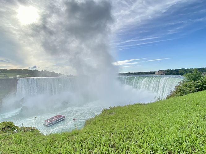 Wide-angle view of a boat at the base of Horseshoe Falls