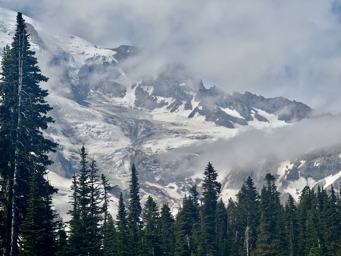 Cloudy view of Mt. Rainier from the parking lot