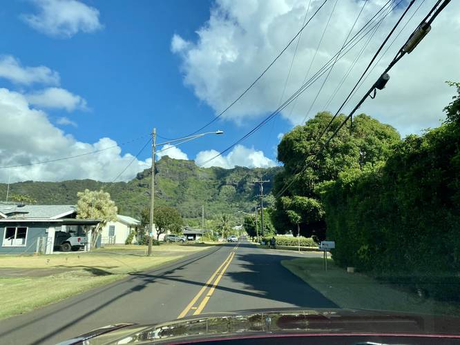 Approaching Nounou (Sleeping Giant) mountain. "Giant's Nose" located on the right-side of the left-hand top of the mountain