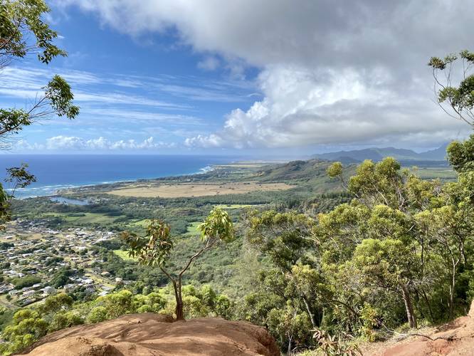 View facing south from Nounou (Sleeping Giant) mountain of Wailua, HI (Kauai) below and mountains in the distance