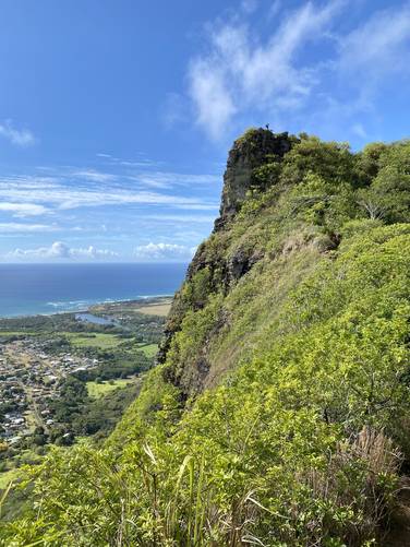  View of a hiker standing on the "Giant's Nose" atop Nounou (Sleeping Giant) mountain