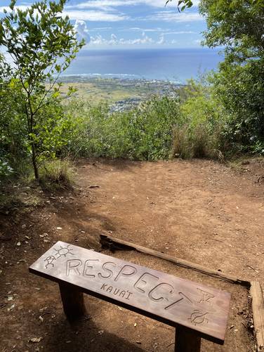 "Respect Kauai" bench with view