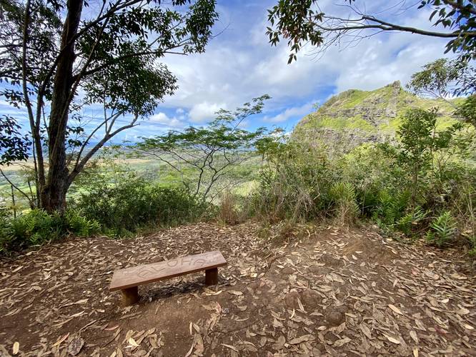 "Respect Kauai" bench at vista of the top of Nounou