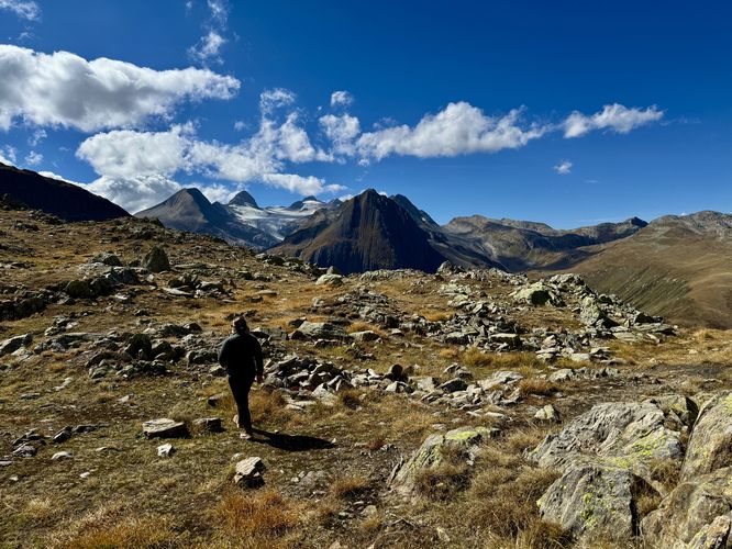 Hiking out to a viewpoint at Nufenen Pass