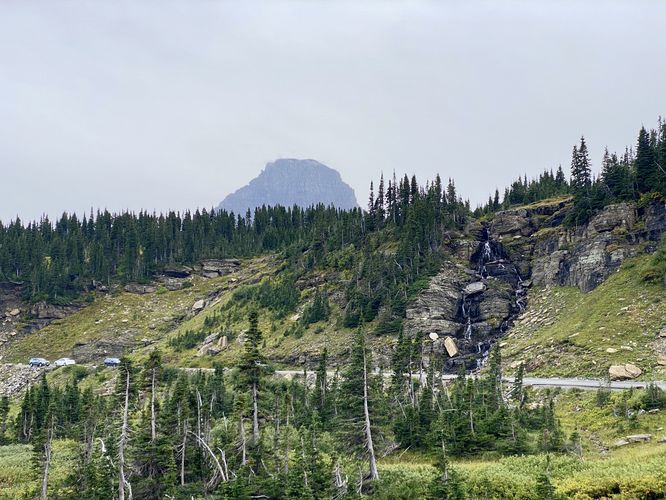 Logan Falls cascades down from Logan Pass