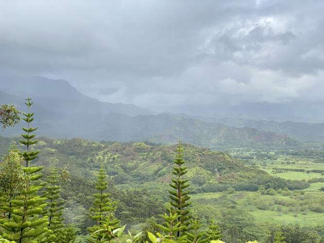 View of mountains in Hanalei, Hawaii from power line vista along Okolehau Trail