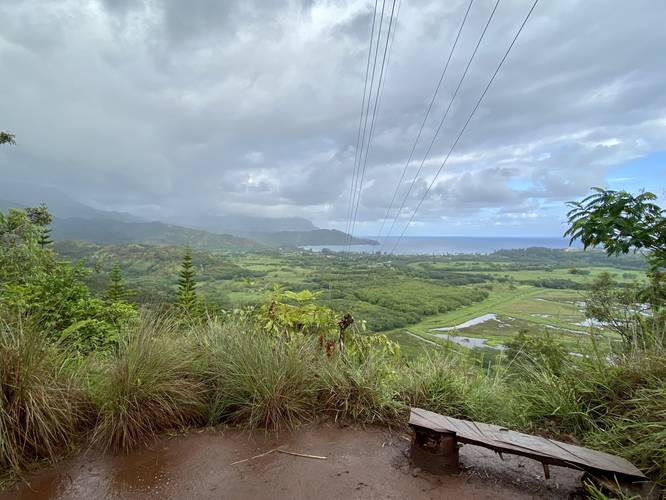 Bench at the power lines vista above Hanalei Bay