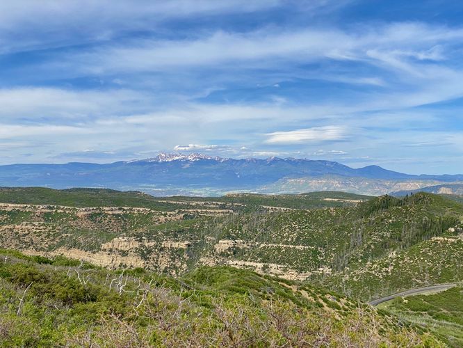 Eastward view of snow-capped mountains in the distance with Mesa Verde's plateau below