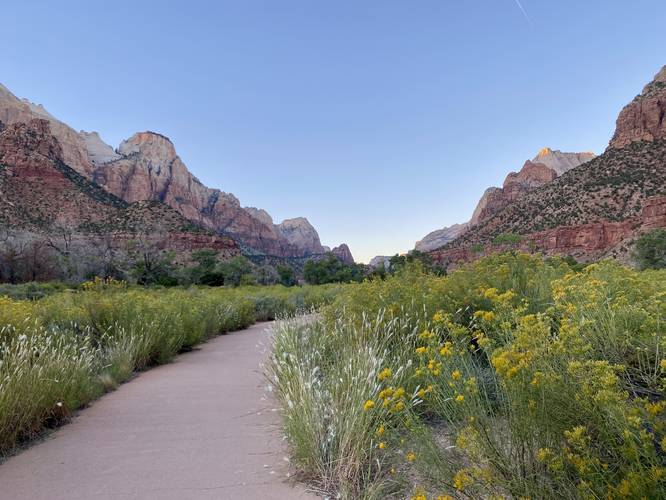 Views of Zion Valley from the paved and universally-accessible Pa'rus Trail at Zion National Park