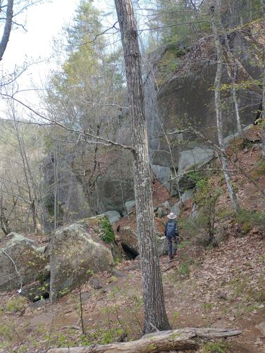 The trail approaching Devil's Den and the massive rock ledge 