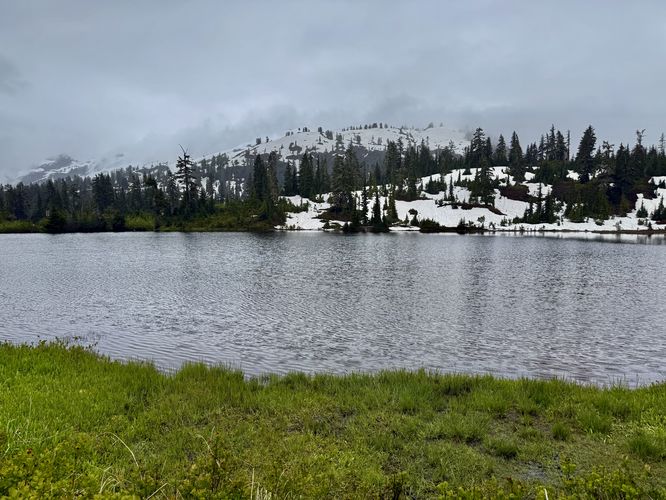 View of Picture Lake and ski hills to the south