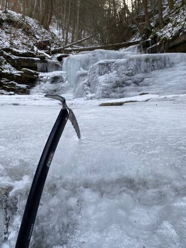 Climbed up this 5-foot frozen waterfall along Pinafore Run creek (mid-falls area)