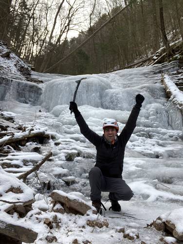 Victory pose, excited that I climbed up the entire ice creek safely