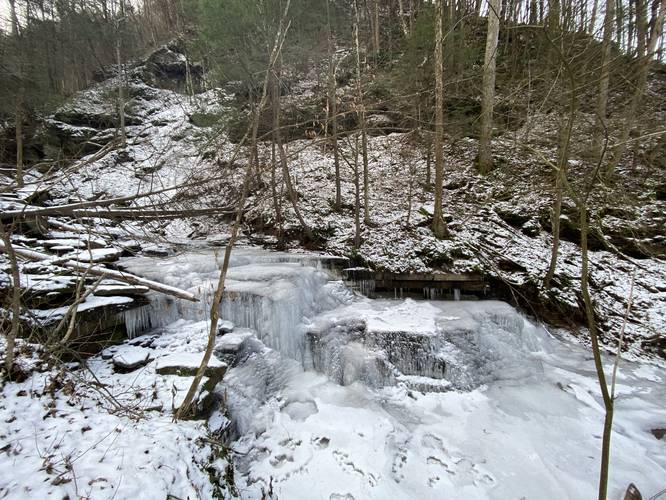 Frozen mid-falls (Pinafore Falls) in January 2022