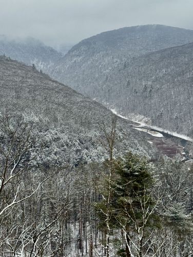 Portrait view down Pine Creek from Mt. Tom in Wellsboro