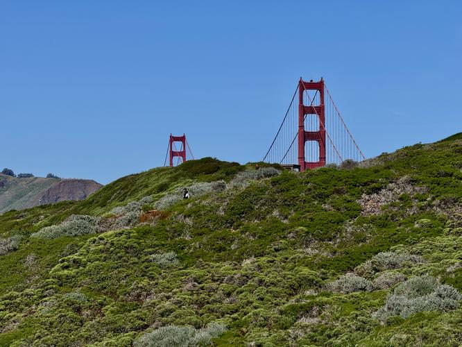 Hikers along the Coastal Trail with the Golden Gate bridge in the background