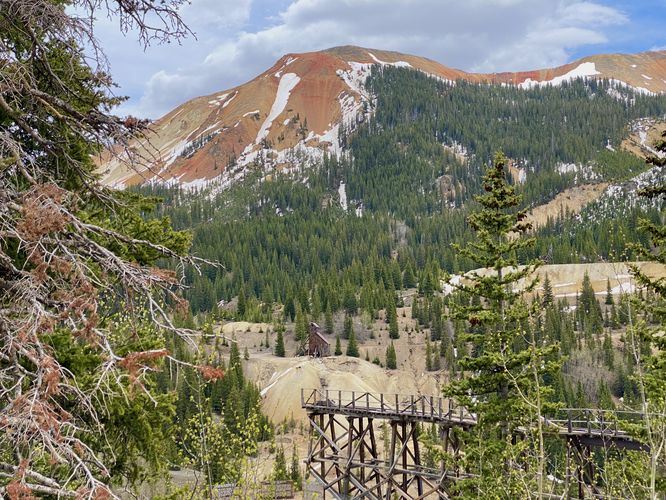 View of Red Mountain #2, Yankee Girl Mine, and railroad tressels of the Idarado Mine