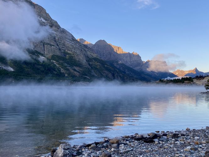 View of alpine mountains surrounding Saint Mary Lake
