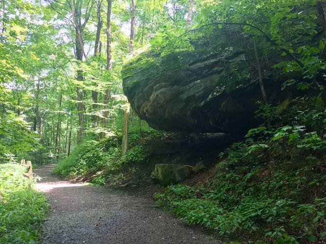 Massive hanging rock jutting over part of the trail