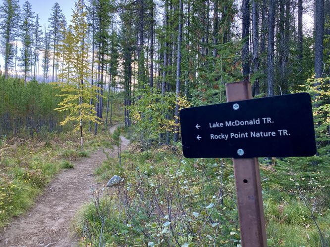 Sign to follow both Lake McDonald Trail and leads to Rocky Point Trail