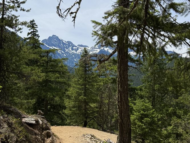 On-trail view of alpine peaks
