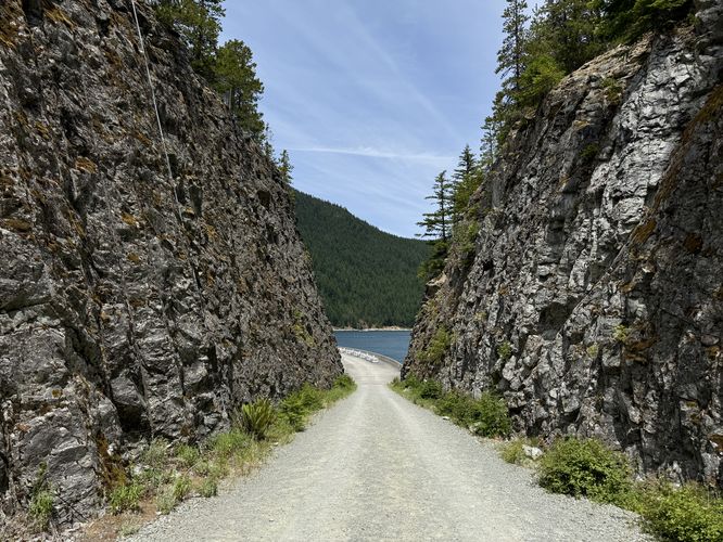 Rock cut through the mountainside along the service road to the Ross Lake Dam