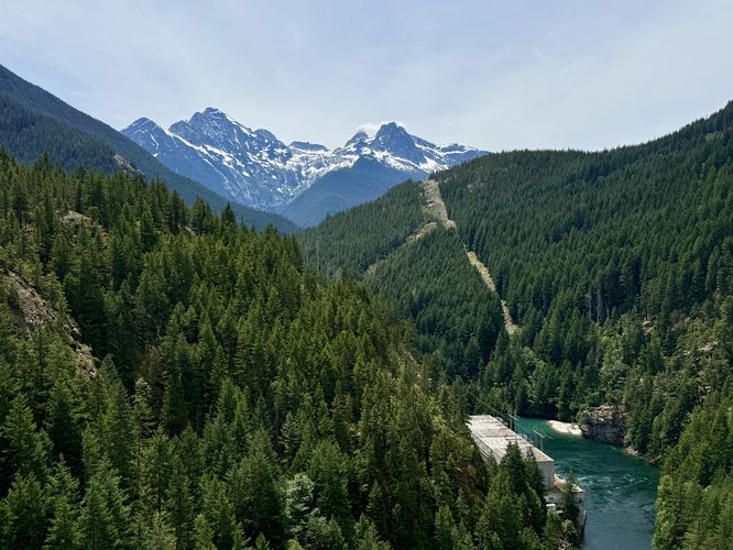 View of the Skagit River below, Colonial Peak, and the Colonial Glacier in the distance