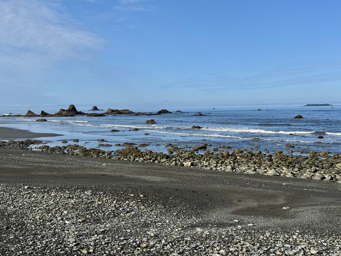 View of the Pacific Ocean and short sea stacks from Ruby Beach