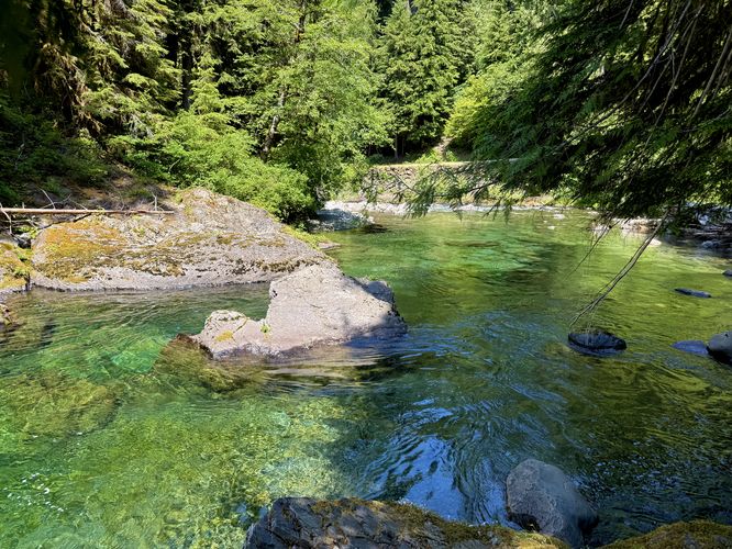 Crystal-clear turquoise-tinted waters of the Salmon Cascades