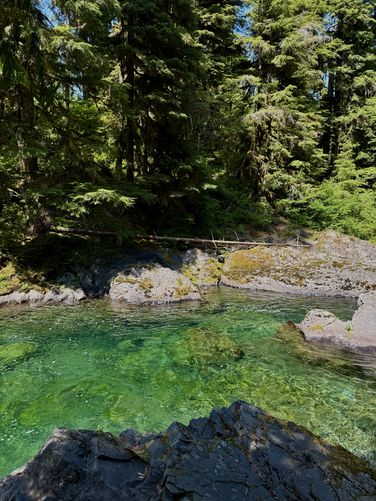 Portrait view of the Salmon Cascades turquoise pool