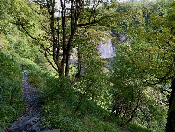 Hiking the switchback down to Salmon River Falls Gorge
