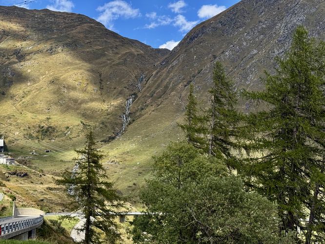 View of the 650m tall Riale di Sorescia waterfall